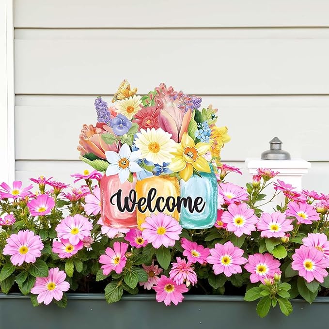 Decorative Garden Stakes, Welcome Yard Sign, Metal Arrangement Ornaments for Courtyard Lawn, Rusty Outdoor Decortions for Easter Housewarming (H)