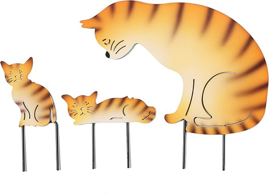 Metal Cat Family 3 Pack Garden Statues, Outdoor Decorative Silhouette Stakes for Yard and Patio Lawn Ornaments - Animal Sculpture Art (Orange)