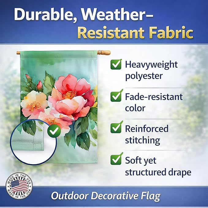 Caroline's Treasures Georgia Cherokee Rose in Watercolor House Flag Large Porch Sleeve Pole Decorative Outside Yard Banner Artwork Wall Hanging, Polyester, House Size, Multicolor