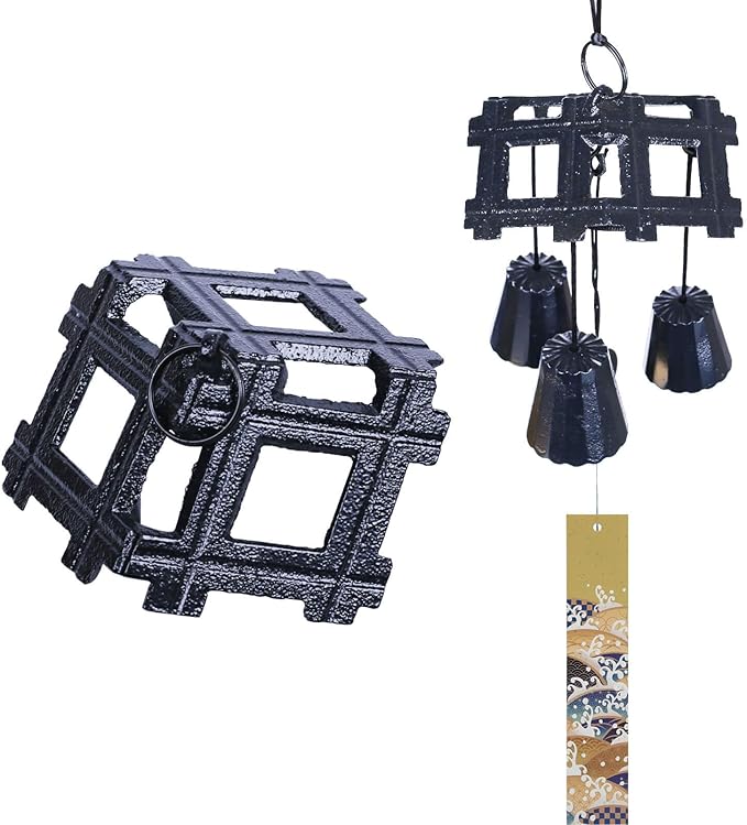 Japanese Wind Chime Cast-Iron Outdoor Ornament for Garden, Patio & Balcony, Hanging Metal Wind-Bell Decoration Gift, Blessing Pendant Windchimes, Traditional Classic Style - Trio - Ancient Well