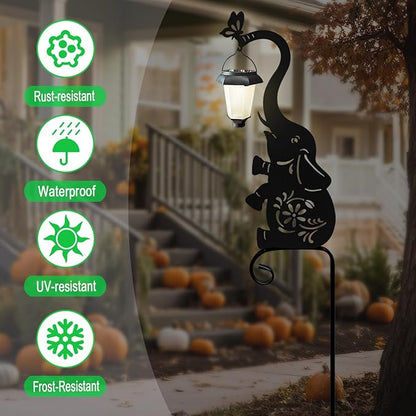Metal Elephant with Solar Lantern Garden Stake,Garden Lights Solar Powered, Outdoor Decorations for Yard (Black Elephant)
