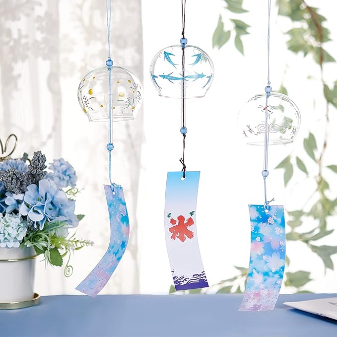 BENECREAT 3Pcs 3 Style Animal Pattern Japanese Wind Chimes, Light Sky Blue Glass Wind Bells Handmade Pendants for Birthday Gift and Home Decors
