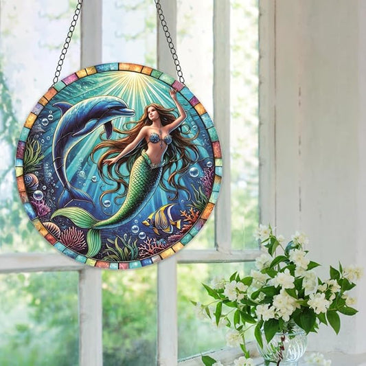 Mermaid and Dolphin Stained Window Hangings – Acrylic Ocean Ornament for Garden, Patio and Indoor Decor, Housewarming Gift for Mom, Grandma and Marine Life Lovers
