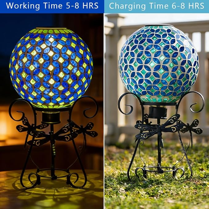 Stargarden Solar Gazing Ball, 10”Glass Gazing Globe, Mosaic Gazing Balls with Metal Ball Stand for Patio, Lawn, Garden Decor(Blue)