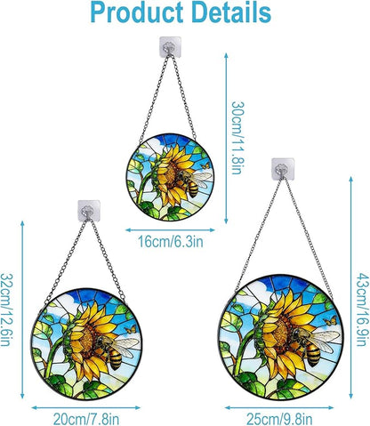 Stained Glass Window Hanging - Sunflower Flower and Bees on a Branch Suncatcher for Window Doors Home Decoration and Christmas, 7.8 * 7.8 inch