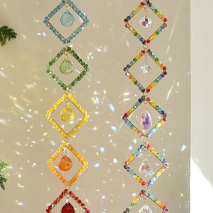 7 Chakra Crystal Light Catcher - Handwoven Sun Catcher with Geometric Metal Frames, Rainbow Maker for Windows, Garden & Balcony Decor, Rainbow Crystal Beads, 7-Tier (Colorful Colors)