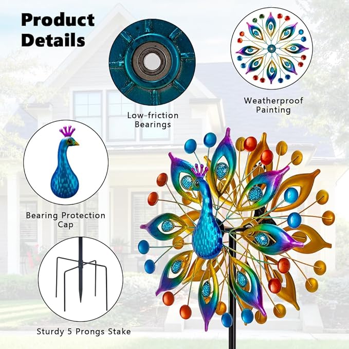 Peacock Outdoor Wind Spinner, 64 Inch Double Wind Sculpture,Waterproof Wind Sculptures & Spinners, Metal Windmill for Garden Yard Patio Decoration