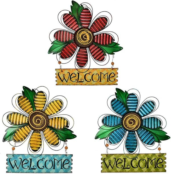 Vintage Flower Metal Welcome Sign Front Door Decor Hanging Wall Sign Indoor Outdoor Garden Hanging Sign 15.75x12.75" (Three colors)