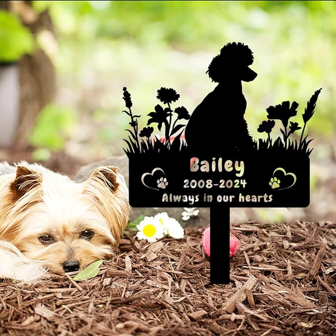 Custom Poodle Dog Memorial Grave Marker,Personalized Pet Dog Memorial Garden Stake,Flora Dog Memorial Plaque Burial Stake Engraved Sign,Dog Sympathy Grave Stake,Dog Statue Headstone