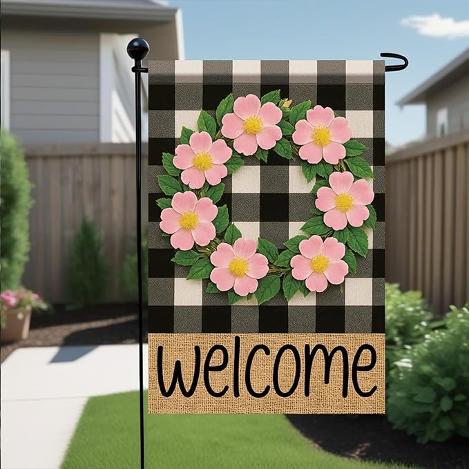 Buffalo Plaid Welcome Wreath Garden Flag Pink Wild Rose Flower Flag 12x 18 Inch Double Sided Spring Outdoor Fall Autumn Farmhouse Outdoor Small Decor for Porch Lawn Patio Yard