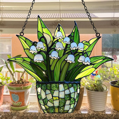 Lily of The Valley Acrylic Suncatcher Stained Glass Effect Window Car Hanging Christmas Ornament Indoor Outdoor Decor Garden Sun Catcher Panel for Floral Lover for Women Mom Grandma