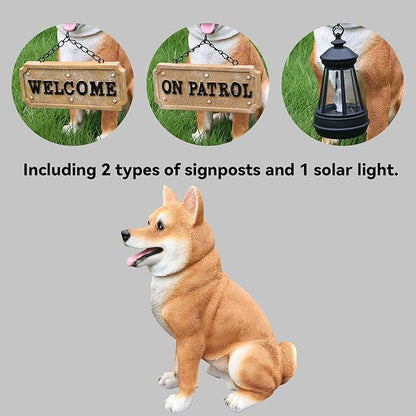 Outdoor Akita Inu Dog Statue with Interchangeable Welcome Sign and Detachable Solar Lantern –LED Light Garden Dog Sculpture Décor, Cute Puppy Design for Yard, Porch, Gift