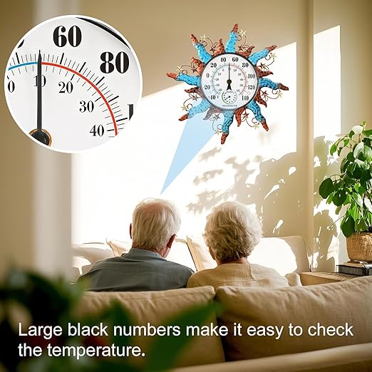 pealstar Waterproof Indoor Outdoor Thermometer 13 Inch Large Wall Thermometer with Hygrometer Decorative Metal Sun Outdoor Thermometers for Patio Garden Yard Living Room Decor
