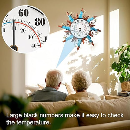 pealstar Waterproof Indoor Outdoor Thermometer 13 Inch Large Wall Thermometer with Hygrometer Decorative Metal Sun Outdoor Thermometers for Patio Garden Yard Living Room Decor