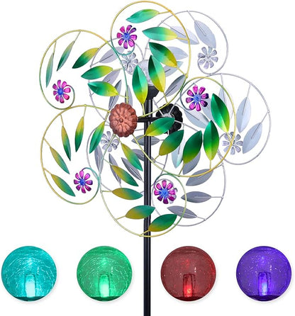Solar Wind Spinner Metal Garden Decor, Wind Spinners Outdoor Clearance, Multi Color Changing LED Solar Powered Glass Ball Kinetic Wind Sculptures Windmills for Yard Patio Outdoor Decoration