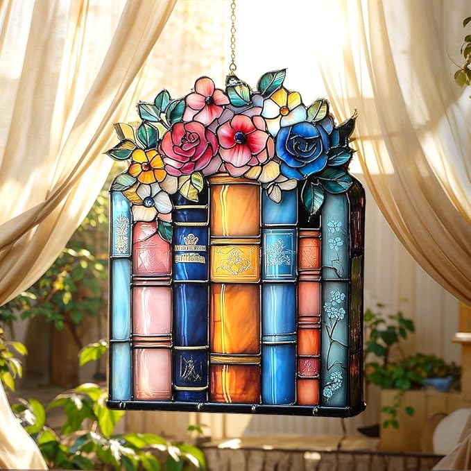 Floral Book Acrylic Suncatcher, Bookish Suncatchers for Window Hanging Ornament, Art Garden Decor for Book Lover Reader Bookworm, Gifts for Mother's Day, Mom, Grandma, Wife, Women, Nana