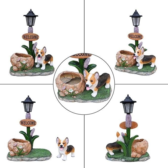 Solar Light Animal Outdoor Statue Planter with Welcome Sign, Resin Garden Sculpture Flower Pot for Patio Lawn Porch Yard Courtyard Decor, Weather-Resistant Decorative Figurine Accent (M)