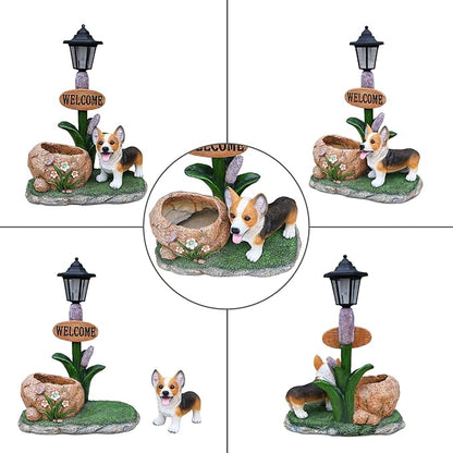 Solar Light Animal Outdoor Statue Planter with Welcome Sign, Resin Garden Sculpture Flower Pot for Patio Lawn Porch Yard Courtyard Decor, Weather-Resistant Decorative Figurine Accent (M)
