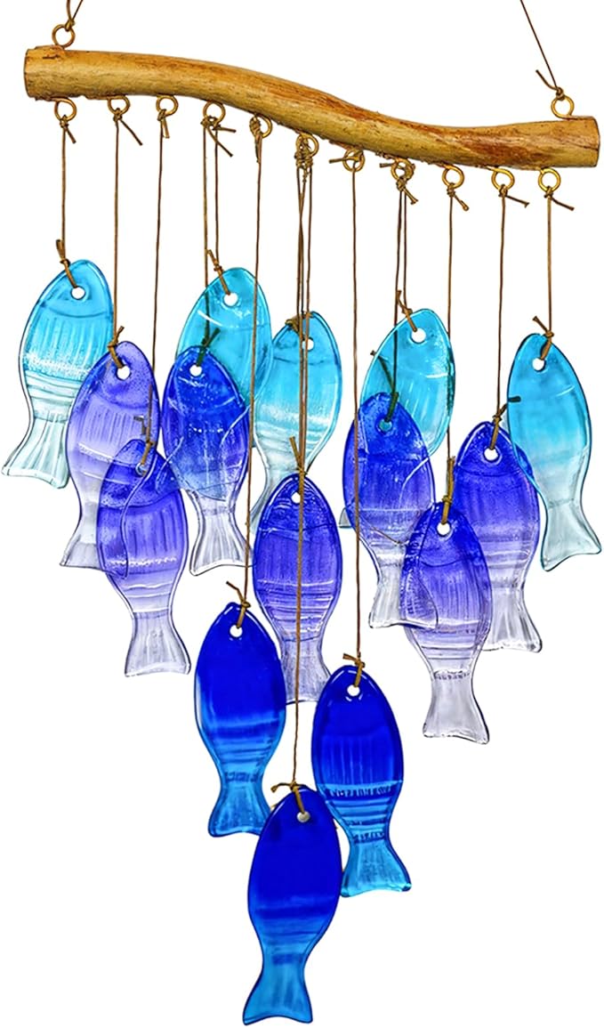 Sea Glass Wind Chime, Fish Shape Glass Windchime for Outside, Indoor Outdoor Decor for Patio Garden Yard, Nice Gifts for Mom & Women, Memorial Sympathy Gift for Home