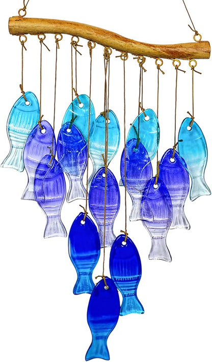 Sea Glass Wind Chime, Fish Shape Glass Windchime for Outside, Indoor Outdoor Decor for Patio Garden Yard, Nice Gifts for Mom & Women, Memorial Sympathy Gift for Home