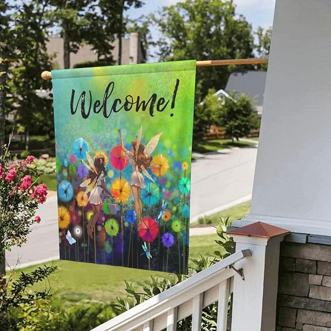 Welcome Garden Flag 12 X 18 In Outdoor Summer Spring Fairy Flowers Dragonfly Floral Mini Yard Flag House Flags Farmhouse Sign For Home Garden Decoration Banner