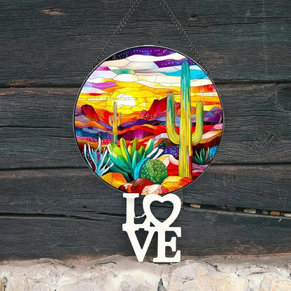 Handmade Stained Glass Sun Catcher Stained Glass Desert Scene Saguaro Fiery Hues, 9.8IN Window Hanging Ornament Cactus Art Decoration Window Decor Outdoor Garden Decor