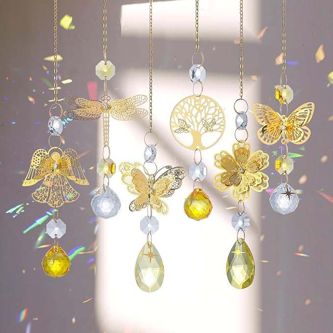 6pcs Yellow Crystal Suncatchers for Window Hanging Ornaments Garden Sun Catchers with Crystals Rainbow Maker Indoor Outdoor Decor