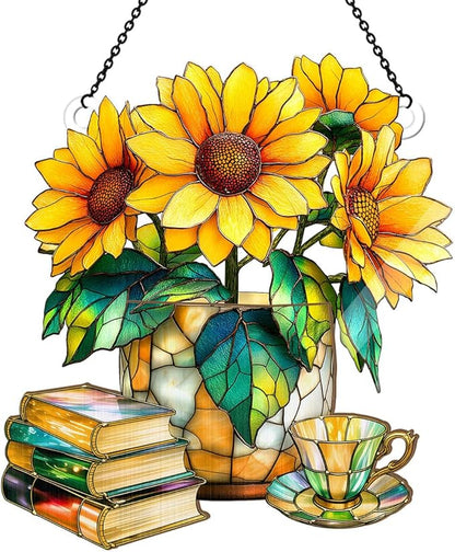 Jesuspirit - Window Hanging Suncatcher – Crystal Clear Acrylic & Wood Sun Catcher for Home Decor, for Women (Nostalgic Sunflowers, Books, and Tea, 6 Inches)