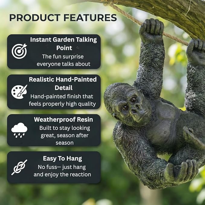Hanging Gorilla Outdoor Decor, Resin Monkey Statue on Rope for Front Porch Patio Yard Tree Fence, Realistic Animal Garden Ornament for Outside Spaces, 26 in