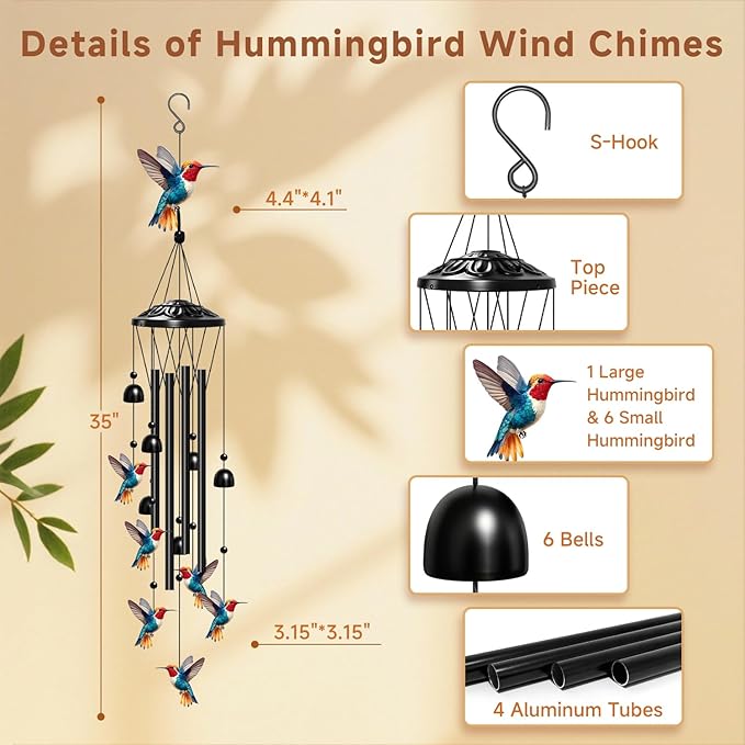 Hummingbird Wind Chimes for Outside, Hummingbird Gifts for Women/Men/Mother/Father, Metal Windchimes for Birthday/Christmas/Thanksgiving, Panda Decor for Patio, Garden,Yard, Home