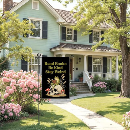 Read Books Be Kind Stay Weird Garden Flag Double Sided Yard Outdoor Decoration 12x18 Inch, Bookish Frog Outdoor Garden Flag, Kind Reading Room Decor Banner, Librarian Book Lovers Gifts