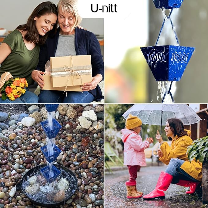 U-nitt Rain Chain Water Collection for Gutters Rainwater Catcher & Diverter, 8.5 FT Chains for Outside Garden, Blue Square Cups, Roof Downspout, Works with Heavy Rain, w/Gutter Clip for Rainchains