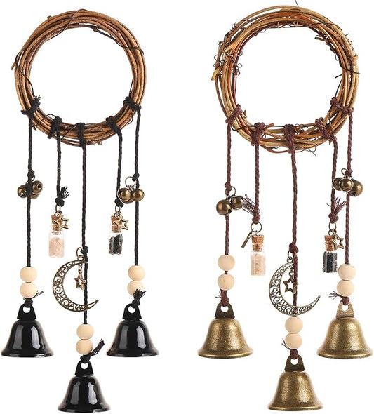 2 Pieces Witch Bells for Door Knob for Protection Hanging Bell Wind Chimes Handmade Decorative Bell for Boho Home Room Witchy Decor(Black Vintage)