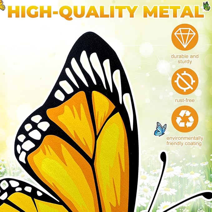 3 Pcs Spring Metal Butterfly Garden Stakes Decor 16.5 Inch Decorative Green Yellow Blue Butterfly Yard Stake Outdoor Insect Decor Metal Garden Art Ornaments for Patio Porch Lawn Backyard