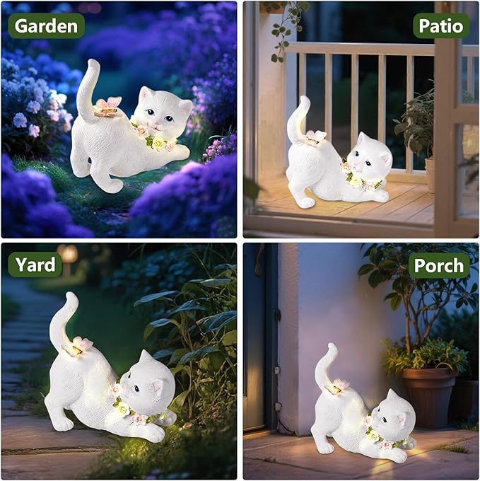 Solar Garden Statue Cat Figurine, Resin Solar Lights with Flower Decor for Outside, Yard Art Patio Balcony Lawn Decorations, Unique Gifts for Mom Grandma Women and Cat Lover (White)