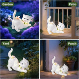 Solar Garden Statue Cat Figurine, Resin Solar Lights with Flower Decor for Outside, Yard Art Patio Balcony Lawn Decorations, Unique Gifts for Mom Grandma Women and Cat Lover (White)