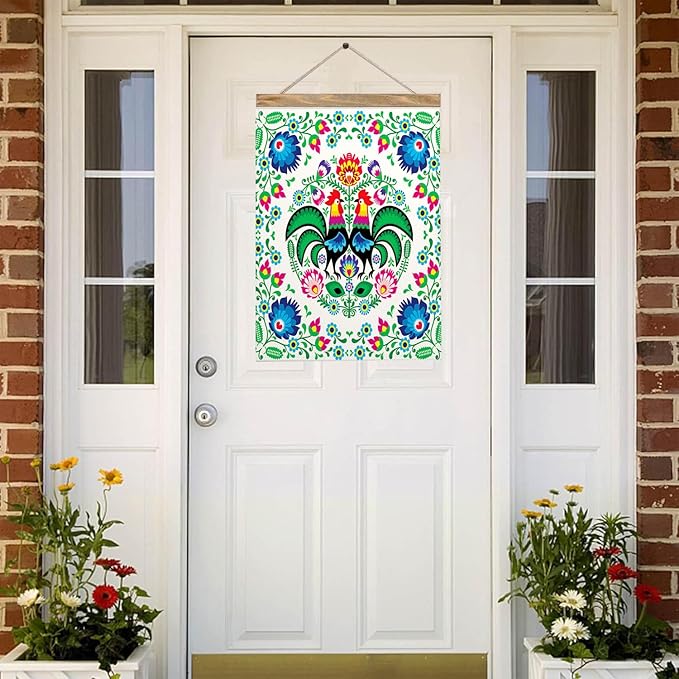 Mugod Rooster Garden Flag 12.5X18 Vertical Double Sided, Polish Floral Folk Art Colorful Flowers Leaves Yard Flag Burlap Banners for Seasonal Farmhouse Outside Decor