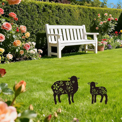 WADORN 2 Styles Sheep Metal Decorative Garden Stakes, Funny Sheep Flowers Metal Silhouette Statues Animal Garden Ornament Gifts Black Yard Art Decoration for Outdoor Backyard Patio Lawn Walkways