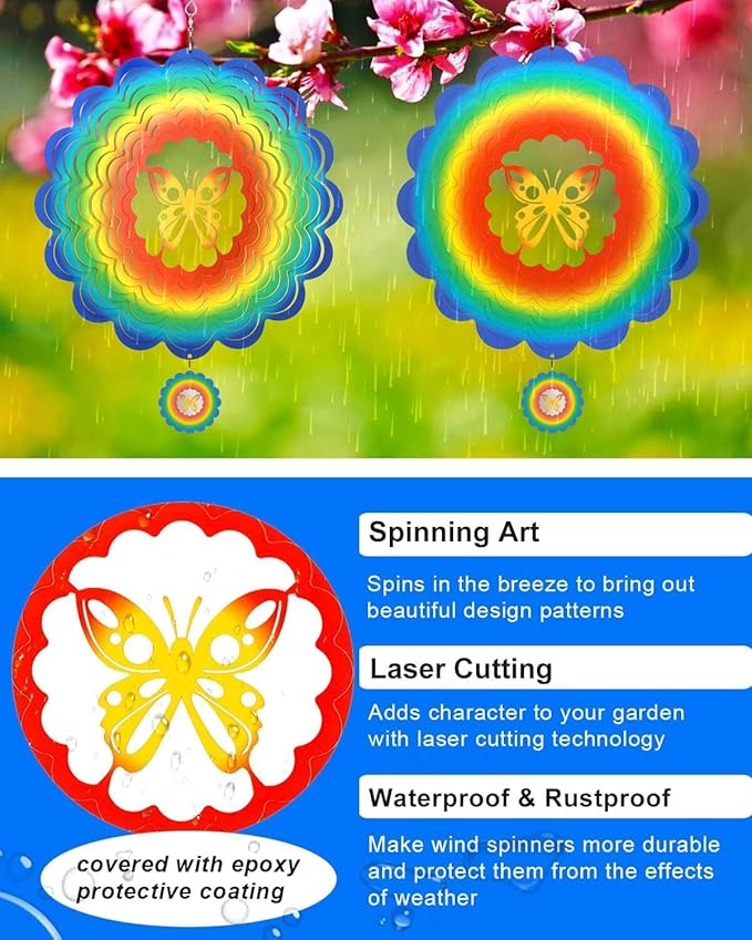 Wind Spinners Outdoor, 12In Stainless Steel Spinfinity Wind Spinner, Wind Chimes for Outside, 3D Kinetic Hanging Sculpture, Metal Yard Spinners, Butterfly Decorations, Garden Gifts Women