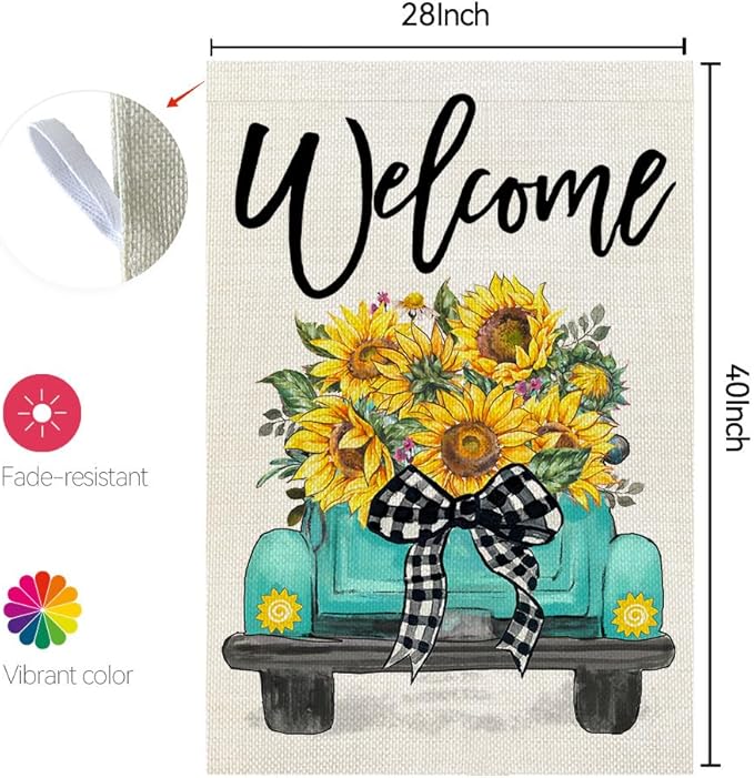 CROWNED BEAUTY Summer House Flag Sunflowers Truck 28x40 Inch Double Sided Large Burlap Holiday Flag for Outside Yard Welcome CF1493-40