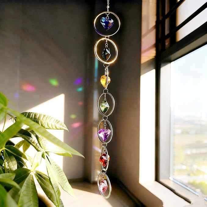 7-Chakra Crystal Suncatcher, 30mm Love-Shaped Crystal Balls Wind Chimes, Hanging Rainbow Makers, Chakra Window Ornament, Garden Decoration (Multi Colors)