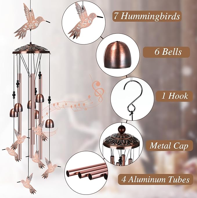 Briwooody Hummingbird Wind Chimes for Outside Hummingbird Gifts for Women Mom Metal Wind Chimes Memorial Birthday Decor for Outdoors Garden Patio Porch Yard Home Decoration