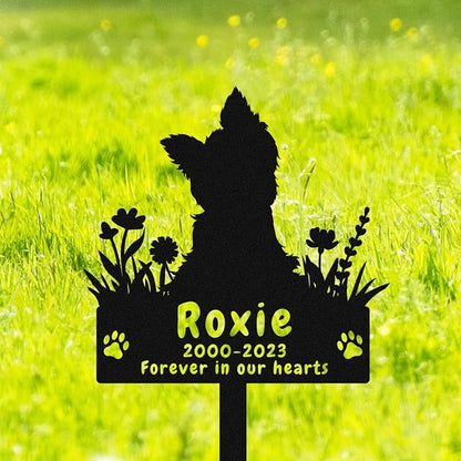 Personalized Yorkshire Terrier Dog Memorial Stake Grave Marker, Custom Dog Yorkshire Terrier Memorial Grave Marker Garden Stake, Metal Flowers Dog Memorial Yard Garden Sign with Stake