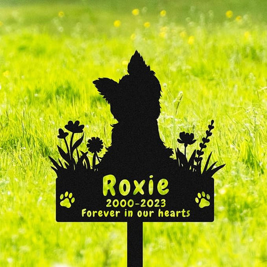 Personalized Yorkshire Terrier Dog Memorial Stake Grave Marker, Custom Dog Yorkshire Terrier Memorial Grave Marker Garden Stake, Metal Flowers Dog Memorial Yard Garden Sign with Stake