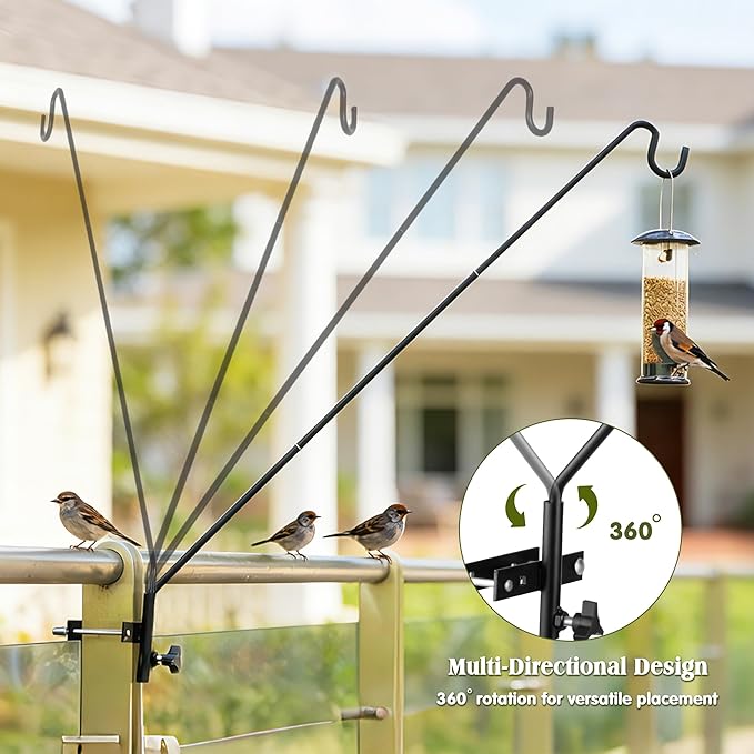 2 Packs Extended Fence Deck Heavy Duty Bird Feeder Hook, 360 Degree Rotary and Length Adjustable Plant Bracket for Bird Feeders Planters Suet Baskets Lanterns Wind Chimes and More