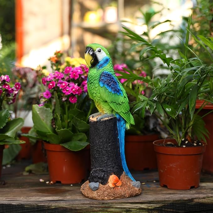 Macaw Parrot Garden Statue, 10.6" Hand-Painted Tropical Bird Figurine, Decorative Art Deco Accent for Patio and Home, Lifelike Design (Green)