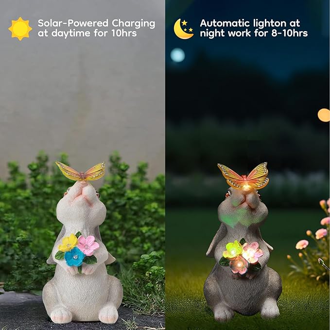 Garden Statue Outdoor Decor, Rabbit Figurines with Solar Butterfly Changing Color LED Lights, Bunny Ornament for Patio Backyard Lawn, Birthday Valentine's Day Gift for Women Mom Grandma