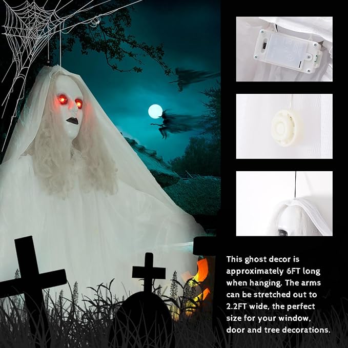 Halloween Hanging Ghosts 6FT White Ghost Ghost for Halloween Outdoor Decorations Front Yard Porch Patio Lawn Garden Trees Party Décor and Holiday（Without Battery）