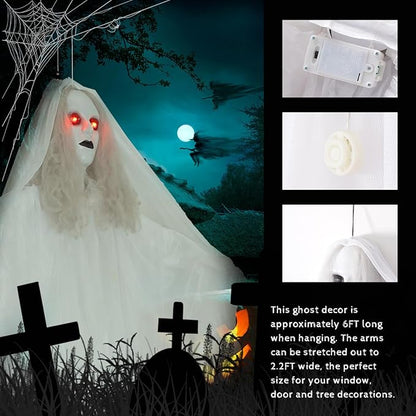 Halloween Hanging Ghosts 6FT White Ghost Ghost for Halloween Outdoor Decorations Front Yard Porch Patio Lawn Garden Trees Party Décor and Holiday（Without Battery）