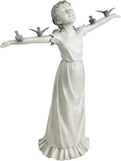 Design Toscano Basking in Glory Little Girl with Birds Outdoor Garden Statue, Large, 29 inches tall, Cast Stone Resin, Two Tone Stone Finish